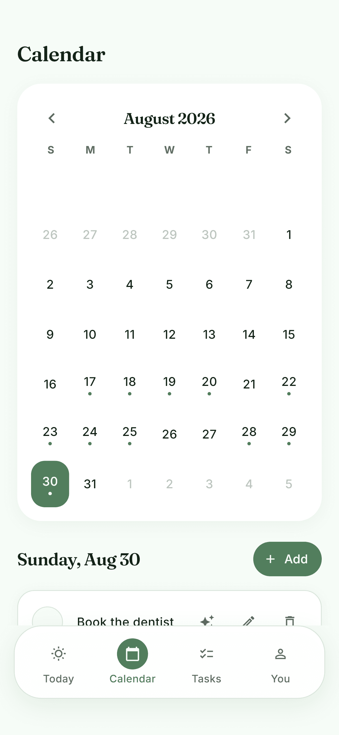 A month calendar with green dots on the days a step was kept, and visible gaps