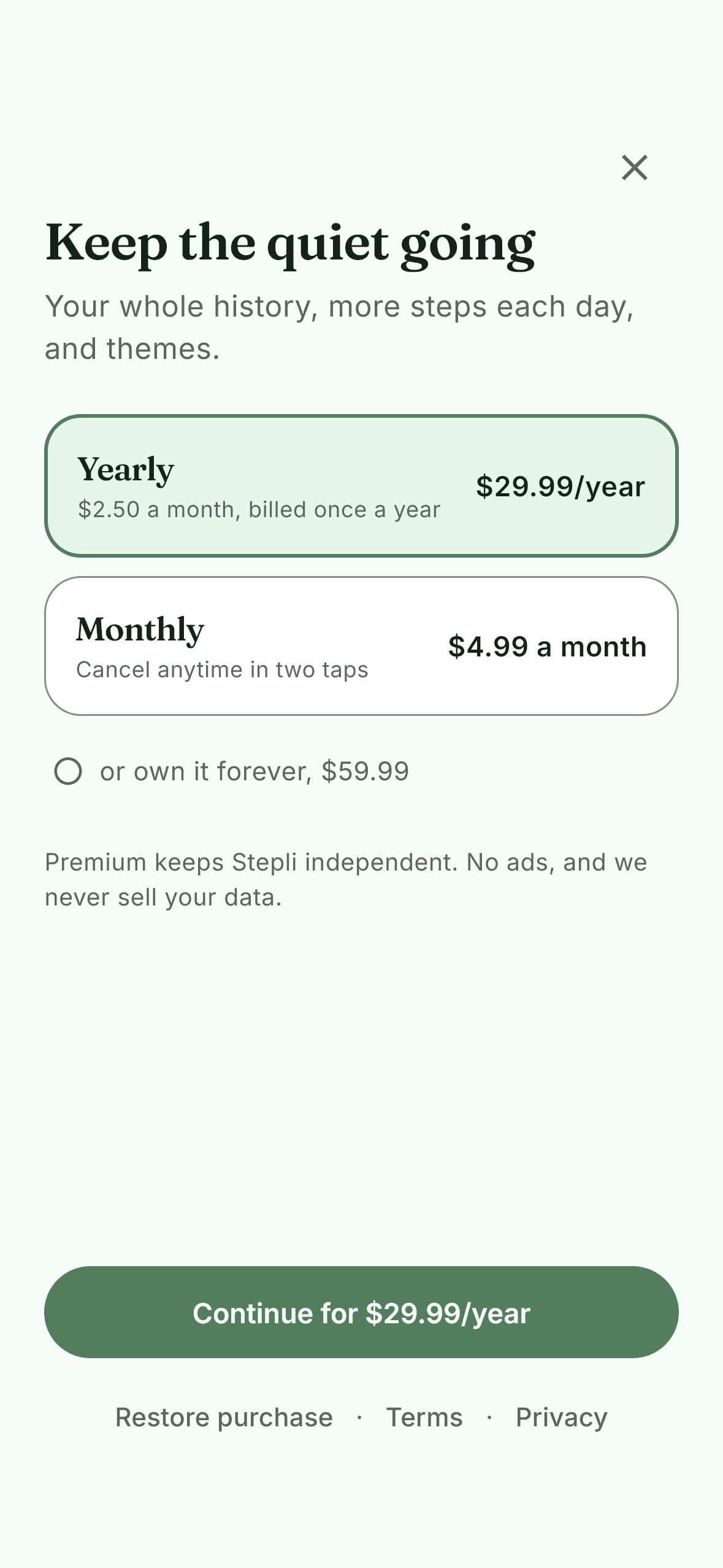 The Stepli paywall, showing yearly, monthly and lifetime options